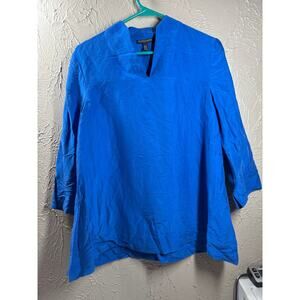 Eileen Fisher Silk Dupioni Shirt Blue Top Shirt V Neck Womens Petite Size PS